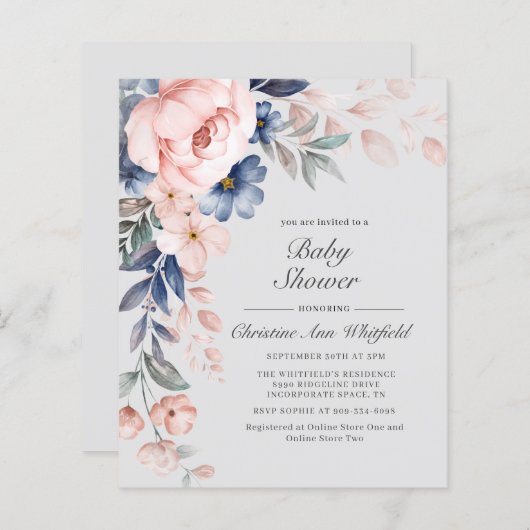 Budget Pink Blue Floral Baby Dusche Einladung (Vorne/Hinten)