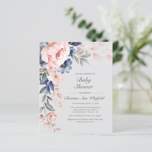 Budget Pink Blue Floral Baby Dusche Einladung (Stehend Vorderseite)