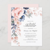 Budget Pink Blue Floral Bridal Dusche Einladung (Vorne/Hinten)