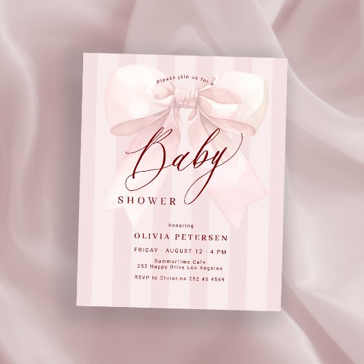 Budget pink bow girl baby shower invitation