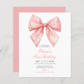 Budget Pink Bow Girl Erster Geburtstag Einladung (Vorne/Hinten)