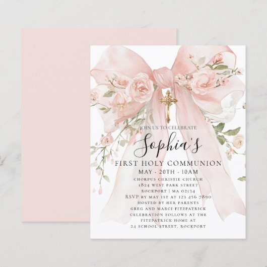 BUDGET Pink Bow Rose Floral First Communion Invite (Vorne/Hinten)