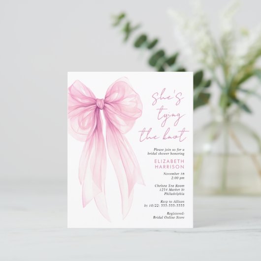 Budget Pink Bow Watercolor Brautparty Einladen (Stehend Vorderseite)
