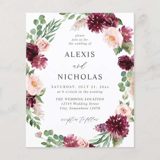 Budget Pink & Burgund Floral 7 Hochzeit Flyer (Vorne)