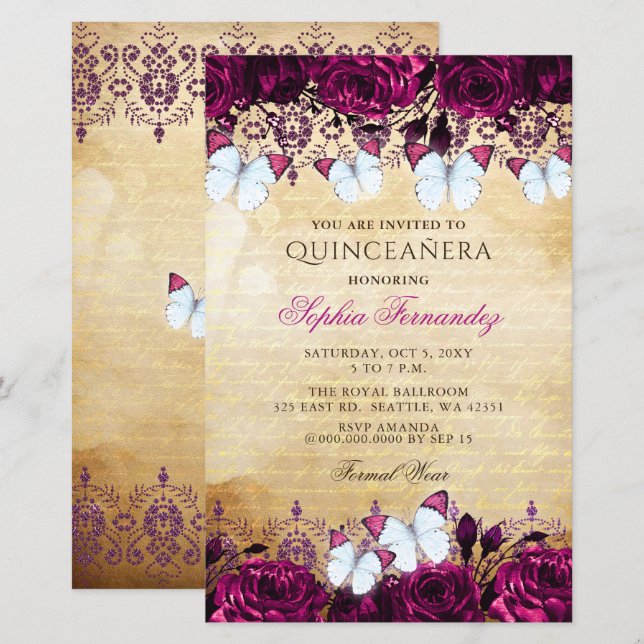 Budget Pink Butterfly Quinceañera Einladung (Vorne/Hinten)