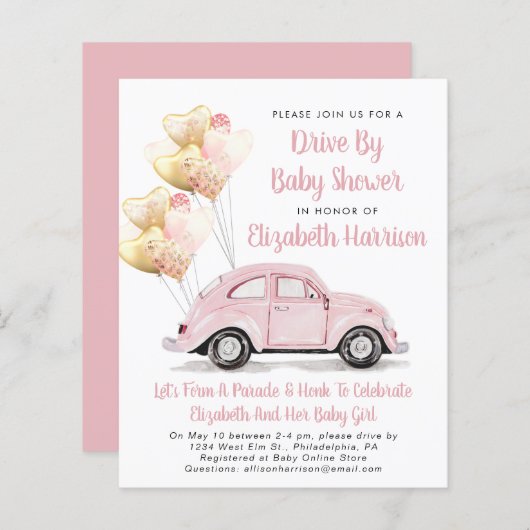 Budget Pink Car Drive by Baby Dusche Einladung (Vorne/Hinten)