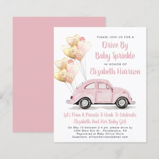 Budget Pink Car Drive by Baby Sprinkle Einladung (Vorne/Hinten)