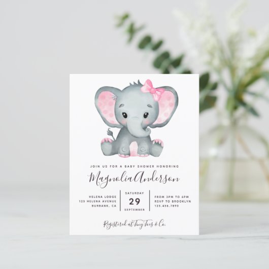 BUDGET Pink Elephant Baby Dusche Einladung (Stehend Vorderseite)