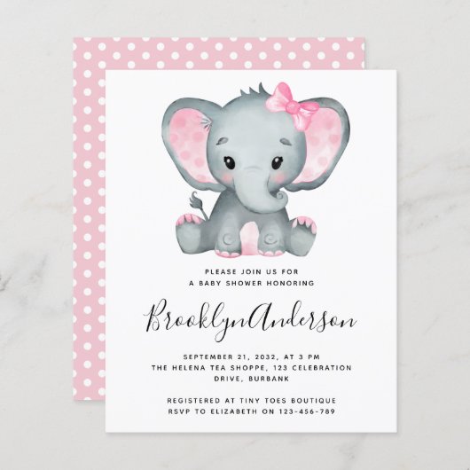BUDGET Pink Elephant Baby Dusche Einladung (Vorne/Hinten)