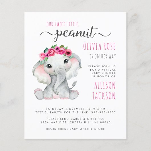 Budget Pink Elephant Baby Girl Virtual Dusche (Vorderseite)