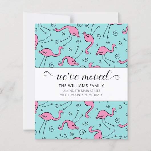 Budget Pink Flamingo auf Blue Family Moving Card (Vorderseite)