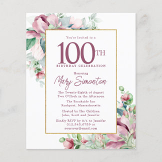 Budget Pink Floral 100. Geburtstag Einladung
