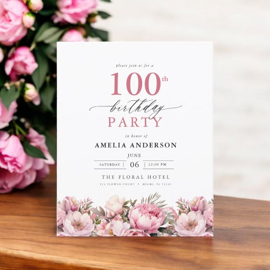 Budget Pink Floral 100. Geburtstag Einladung Flyer