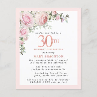 Budget Pink Floral 30. Geburtstag Einladung
