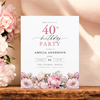 Budget Pink Floral 40. Geburtstag Einladung