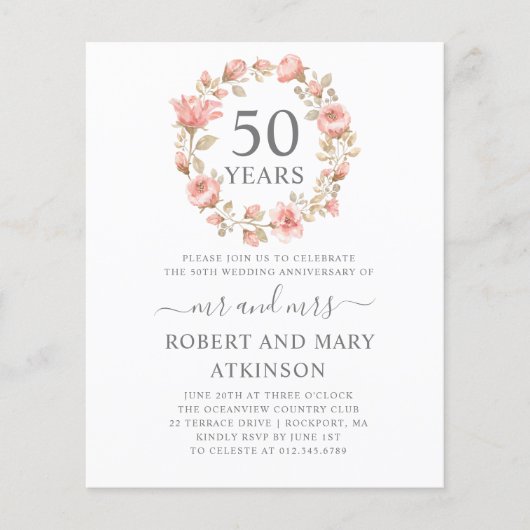 Budget Pink Floral 50 Jahre Einladung (Vorderseite)