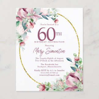 Budget Pink Floral 60. Geburtstag Einladung