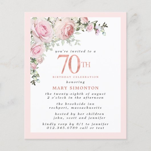 Budget Pink Floral 70. Geburtstag (Vorderseite)