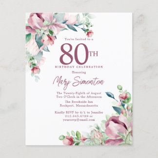 Budget Pink Floral 80. Geburtstag Einladung