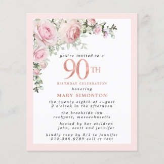 Budget Pink Floral 90. Geburtstag Einladung