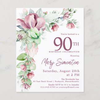 Budget Pink Floral 90. Geburtstag Einladung
