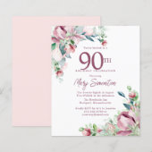 Budget Pink Floral 90. Geburtstag Einladung (Vorne/Hinten)