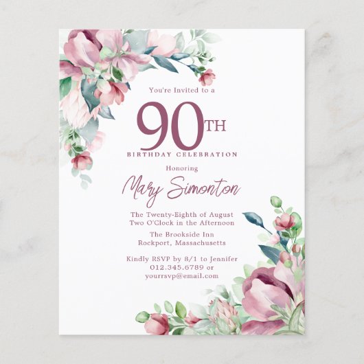 Budget Pink Floral 90. Geburtstag Einladung (Vorderseite)