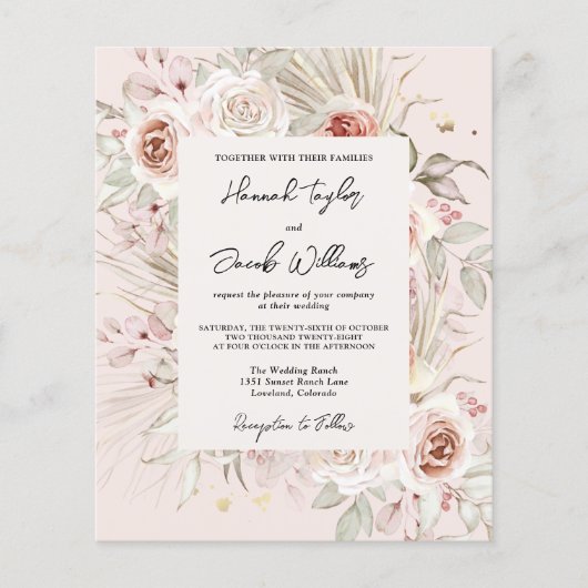 Budget PInk Floral Boho Rustic Wedding Einladung (Vorderseite)