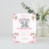 Budget Pink Floral Elephant 1. Geburtstag Einladun (Stehend Vorderseite)