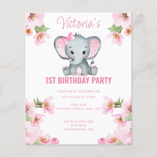 Budget Pink Floral Elephant 1. Geburtstag Einladun (Vorderseite)
