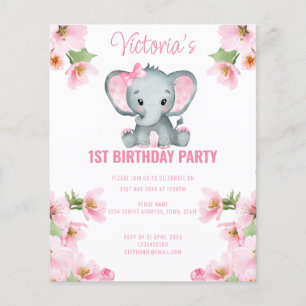 Budget Pink Floral Elephant 1. Geburtstag Einladun