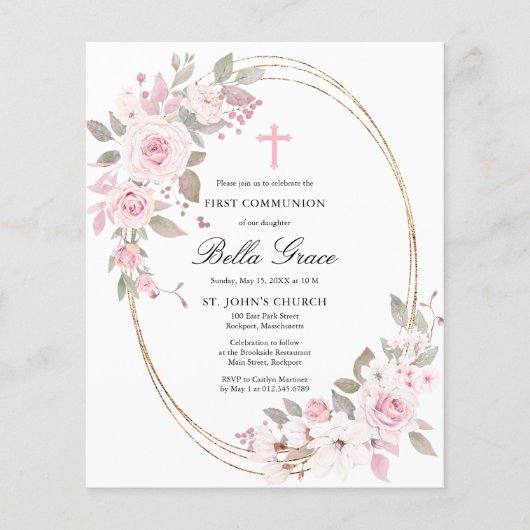 Budget Pink Floral First Holy Communion Invitation (Vorderseite)