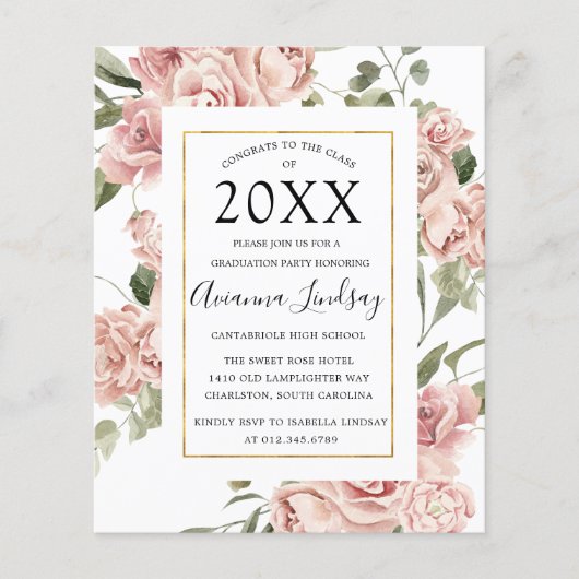 Budget Pink Floral Foto Back Graduation Party Flyer (Vorne)