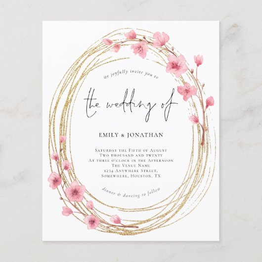 Budget Pink Floral Frame Skript Einladung Hochzeit (Vorderseite)