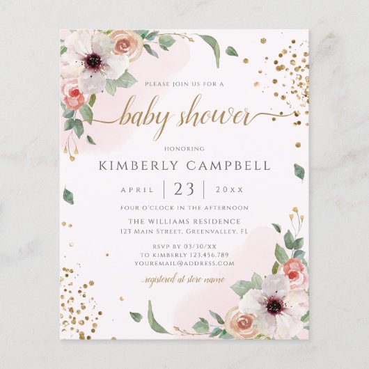 Budget Pink Floral Girl Kinderdusche Einladung (Vorderseite)