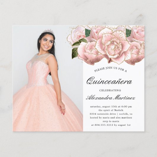 Budget Pink Floral Quinceanera Foto Einladung Flyer (Vorne)