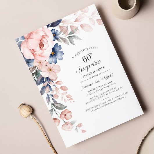 Budget Pink Floral Script 60. Geburtstag Einladung