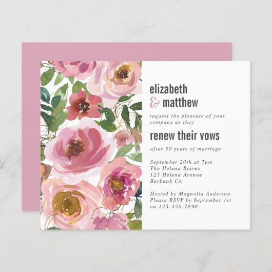 Budget Pink Floral Vow Erneuerende Einladung (Vorne/Hinten)