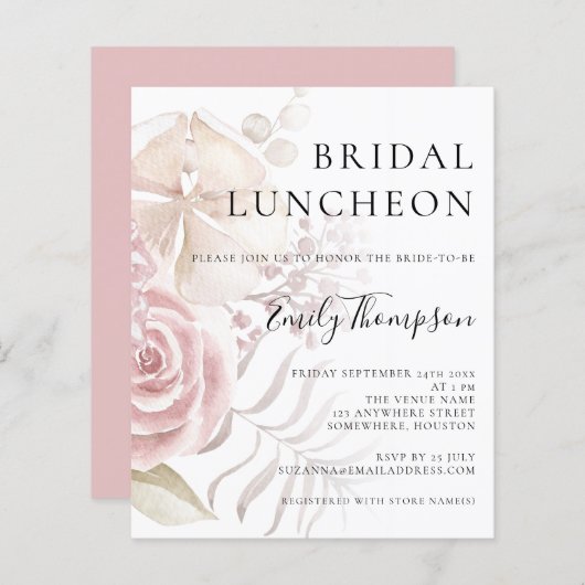 Budget Pink Florals Brautparty Luncheon Einladung (Vorne/Hinten)