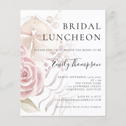 Budget Pink Florals Brautparty Luncheon Einladung (Vorderseite)