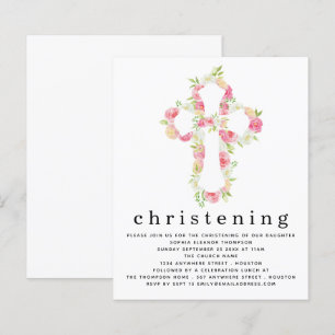 Budget Pink Florals Cross Christening Einladung