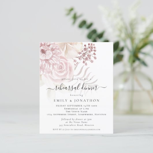 Budget Pink Florals Probe Abendessen Einladung (Stehend Vorderseite)