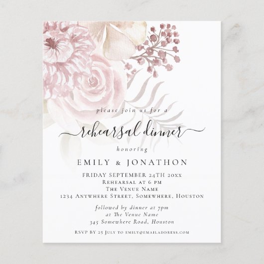 Budget Pink Florals Probe Abendessen Einladung (Vorderseite)