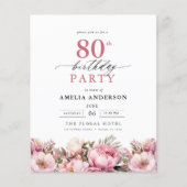 Budget Pink Garden Floral 80. Geburtstag Einladung (Vorderseite)