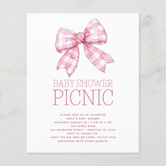 Budget Pink Gingham Bow Baby Shower Picnic (Vorderseite)