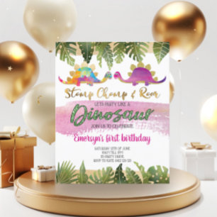 Budget Pink Girl Dinosaur Geburtstag Einladung