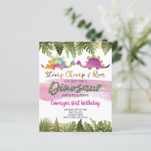 Budget Pink Girl Dinosaur Geburtstag Einladung (Stehend Vorderseite)