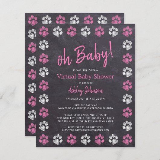 Budget Pink Girl Paw Print Virtual Baby Dusche (Vorne/Hinten)