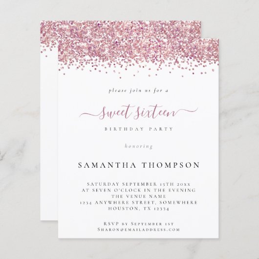 Budget Pink Glitzer 16 . Geburtstag Einladung (Vorne/Hinten)