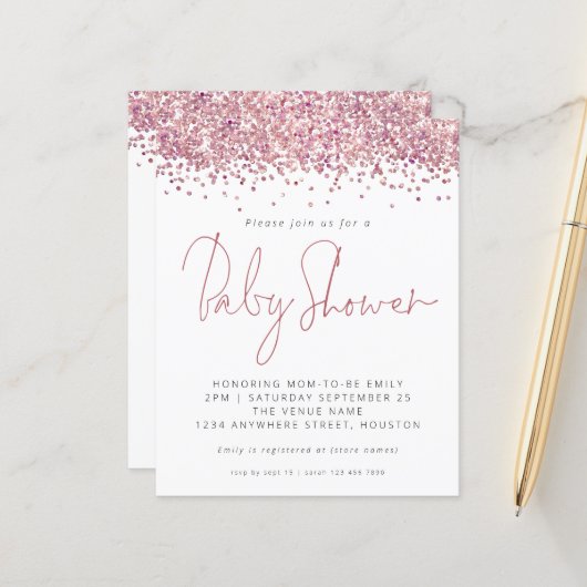 Budget Pink Glitzer Kinderdusche Einladung (Vorderseite/Rückseite Beispiel)